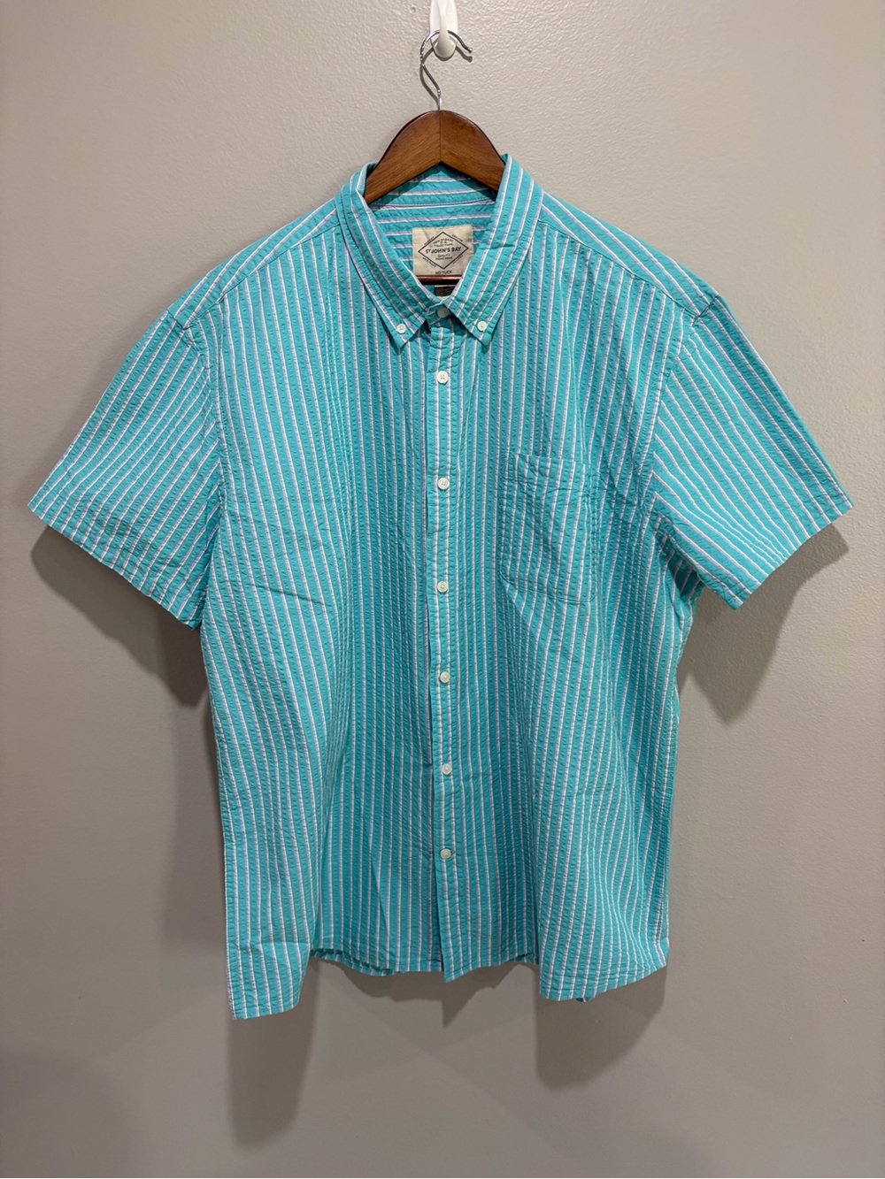 Men’s 100% Cotton Short-Sleeve Turquoise Stripe Button-Down Shirt